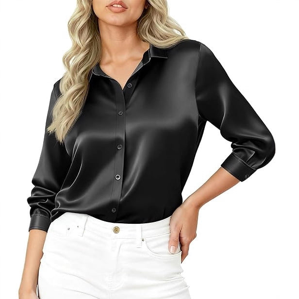 Damen Seidiges Satin-Blusenshirt mit Hemdkragen und dreiviertel Ärmeln Drune