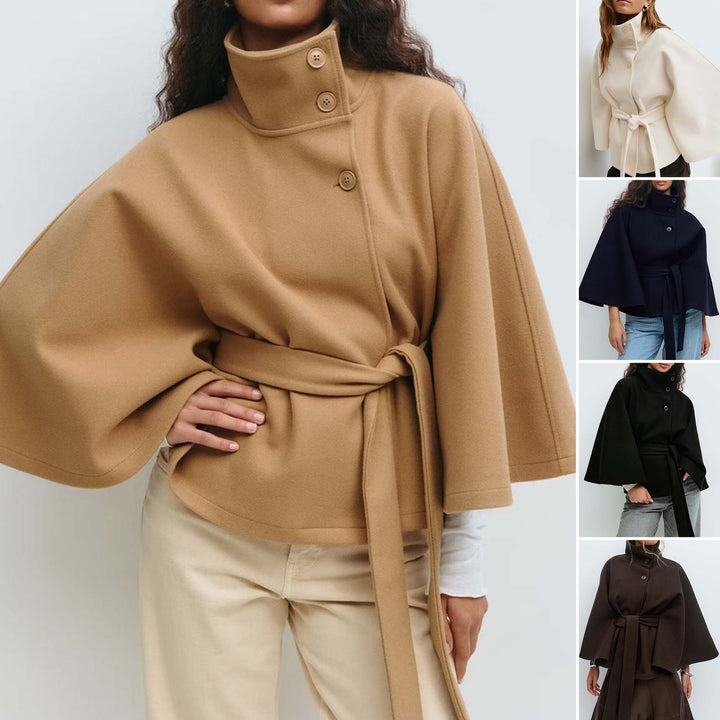 Damen Kurzcape-Mantel mit Stehkragen, Oversize-Ärmeln und Bindegürtel Drune