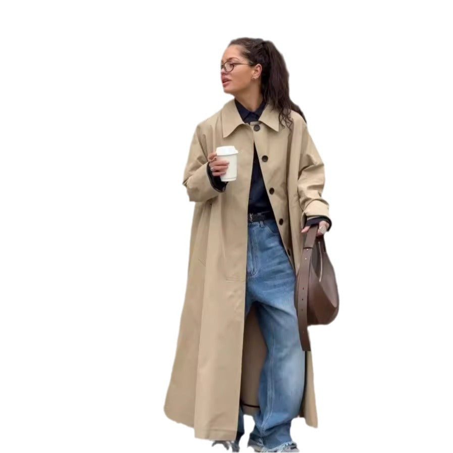 Damen Lange und elegante Trenchcoat-Jacke aus wasserabweisendem Material Drune