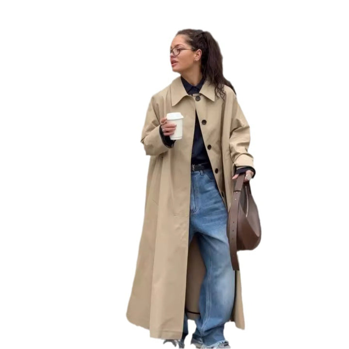 Damen Lange und elegante Trenchcoat-Jacke aus wasserabweisendem Material Drune