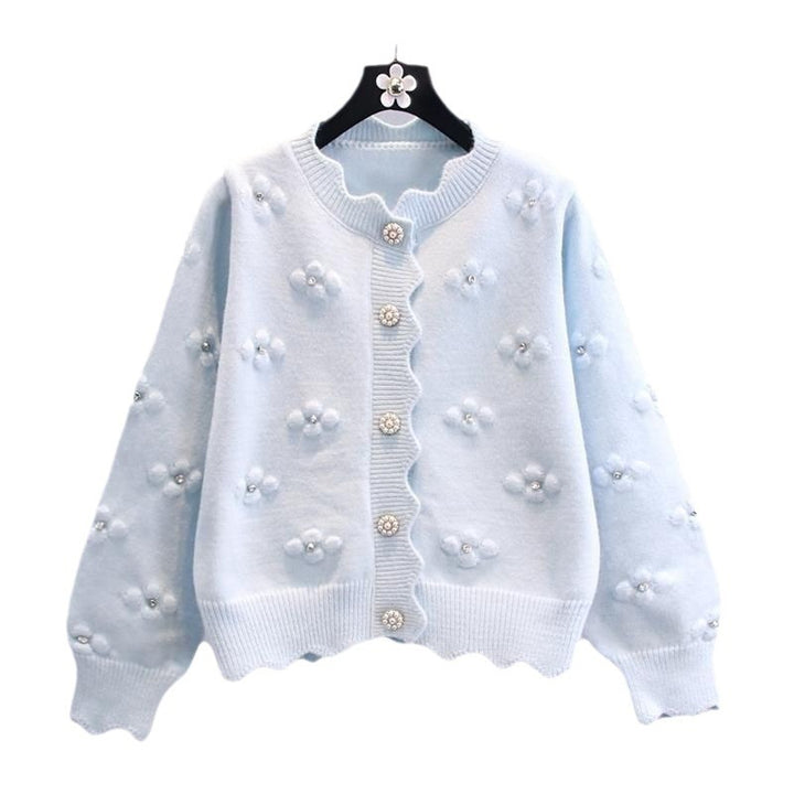 Damen verspielter Strickcardigan mit dekorativen Perlenknöpfen und floralem Design Drune