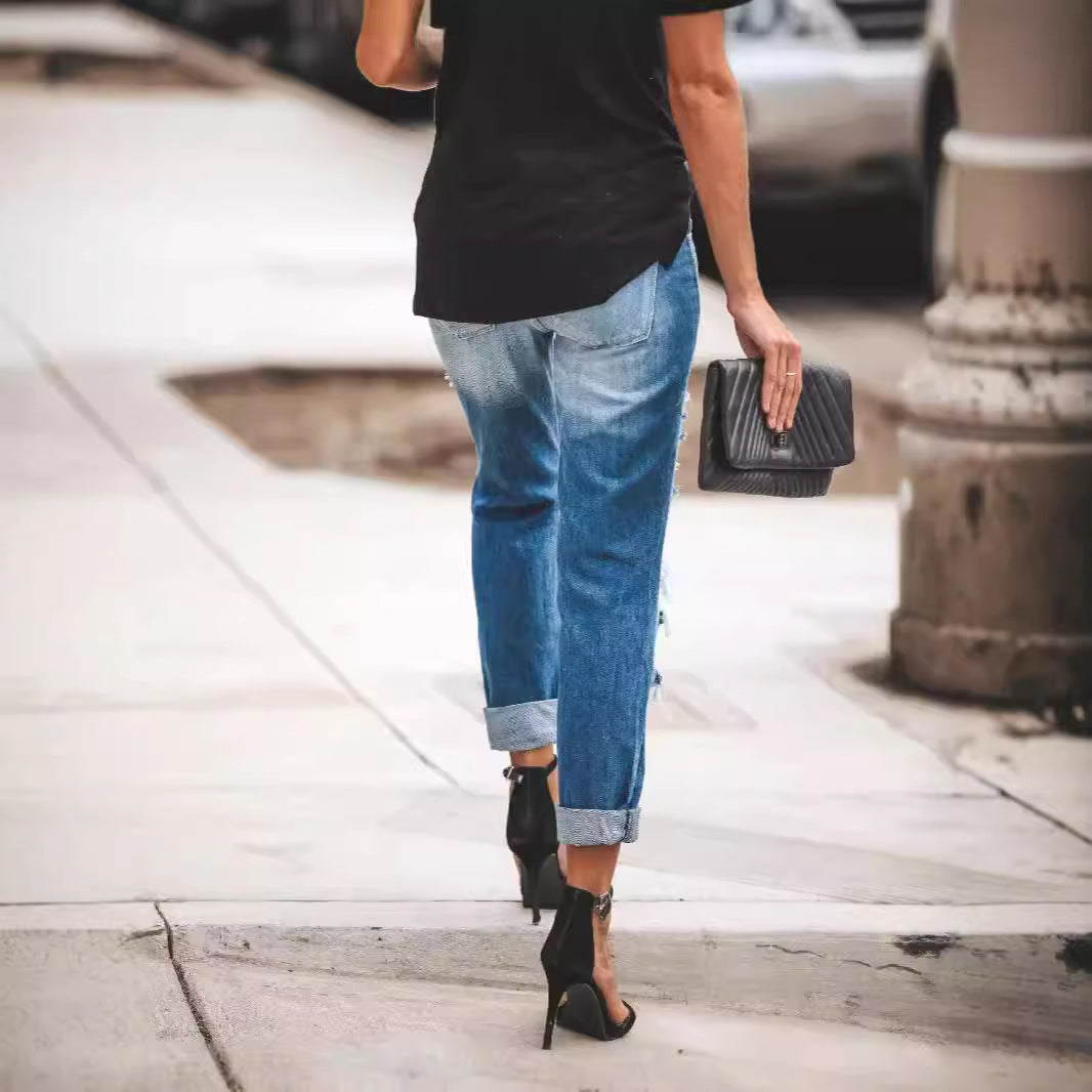 Damen Ripped Boyfriend Jeans mit lässigem Schnitt und fransigen Elementen Drune