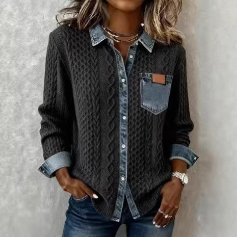 Damen Strickjacke mit Denim-Look-Kragen, dekorativer Knopfleiste und Brusttasche Drune
