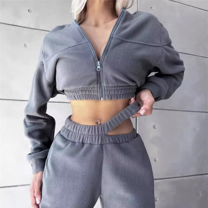 Damen Cropped Fleece-Set mit kurzem Zip-Hoodie und hoher Taillen-Jogginghose Drune