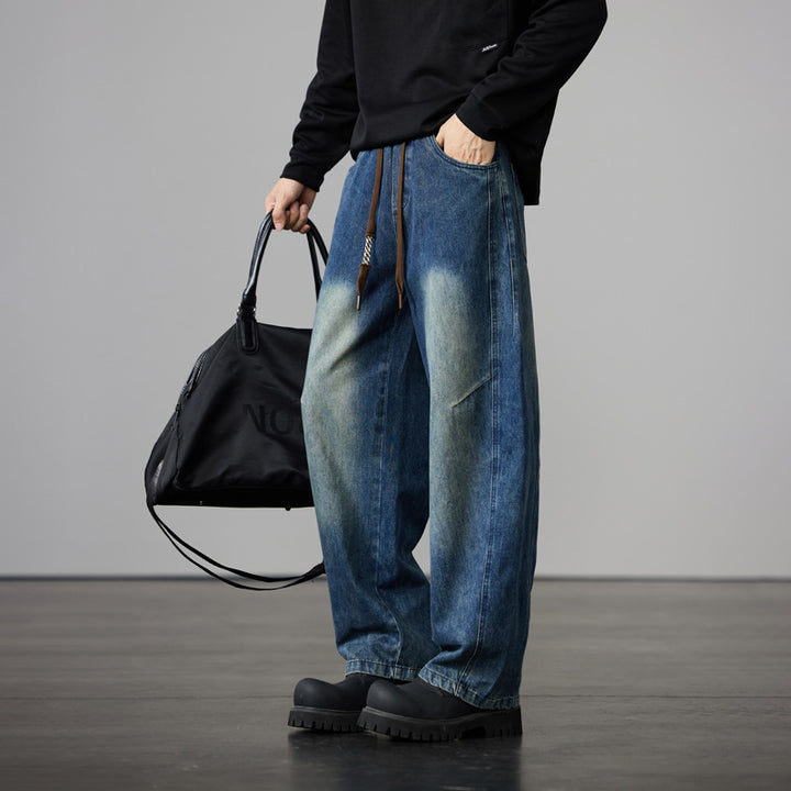 Herren Baggy-Denimhose mit Tunnelzug und Used-Wash-Details Drune