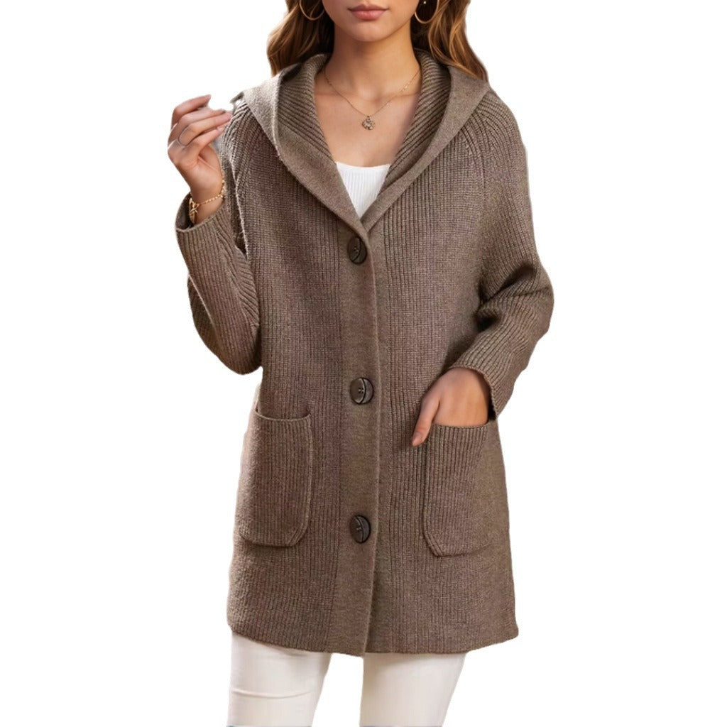Damen nan lange gerippte Kapuzen-Strickjacke mit aufgesetzten Taschen und markanten Knöpfen Drune