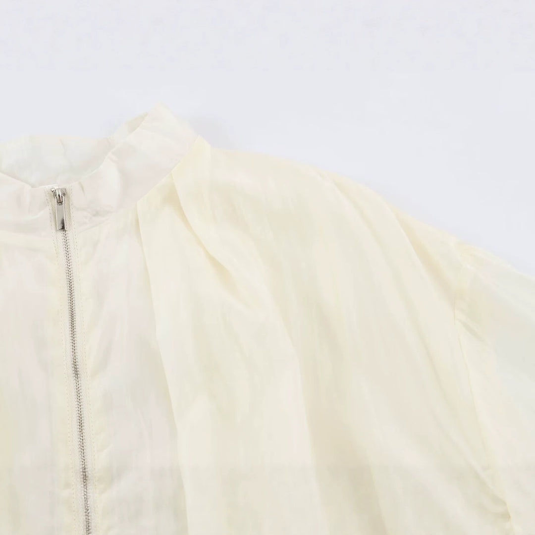 Damen Leichte semitransparente Blousonjacke mit Ballonärmeln und Metallreißverschluss Drune