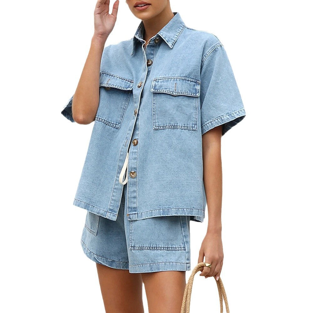 Damen lässige Kurzarm-Jeansbluse mit passender Shorts Drune