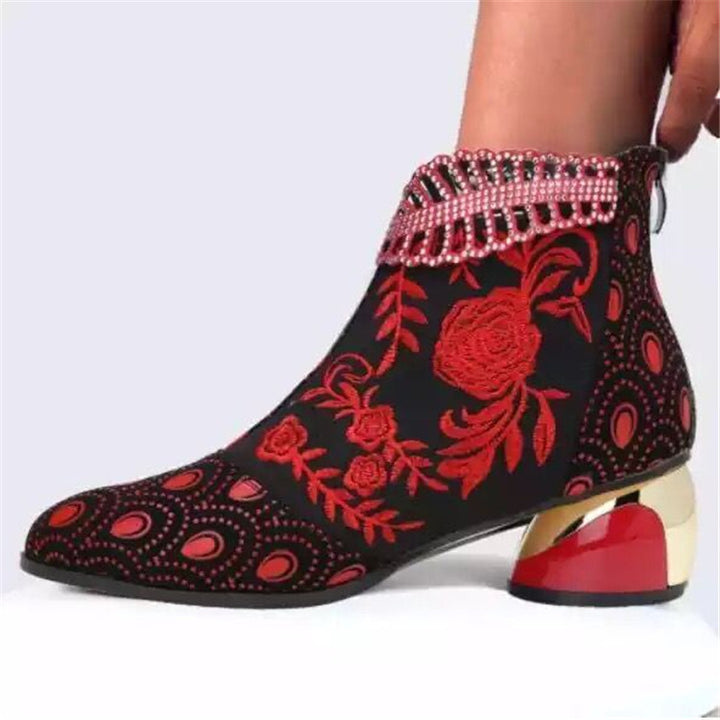 Damen nan bestickte Ankle-Boots mit Samteinsatz Perlenbesatz und skulptiertem Blockabsatz Drune