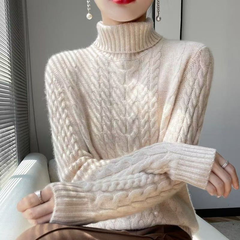 Damen hochgeschlossenes Strickpullover mit Zopfmuster und weichem Material Drune