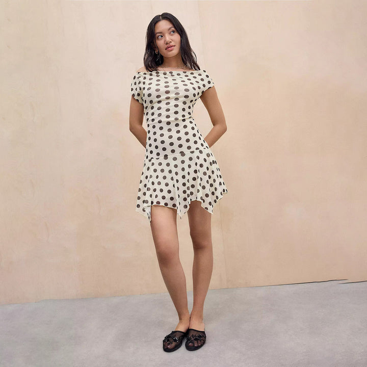 Damen verspieltes Polka Dot Kleid mit leichtem Stoff und tiefem V-Ausschnitt Drune