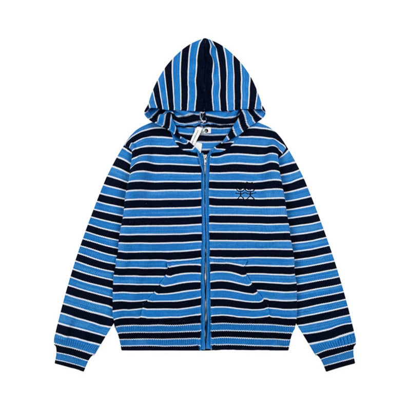 Damen Gestreifte Kapuzen-Strickjacke mit durchgehendem Reißverschluss und Eingrifftaschen Drune