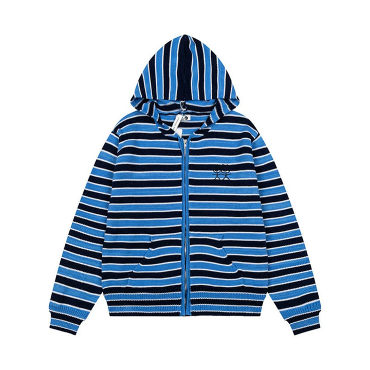 Damen Gestreifte Kapuzen-Strickjacke mit durchgehendem Reißverschluss und Eingrifftaschen Drune
