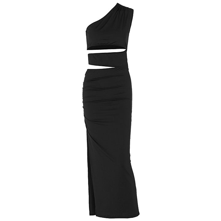 Damen asymmetrisches Maxikleid mit Rüschen und hohem Seitenschlitz Drune
