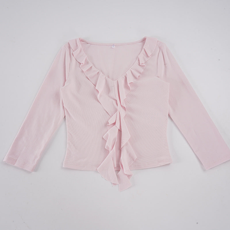 Damen nan tailliertes Langarmshirt mit tiefem V-Ausschnitt und eingesetzter Volant-Rüsche Drune