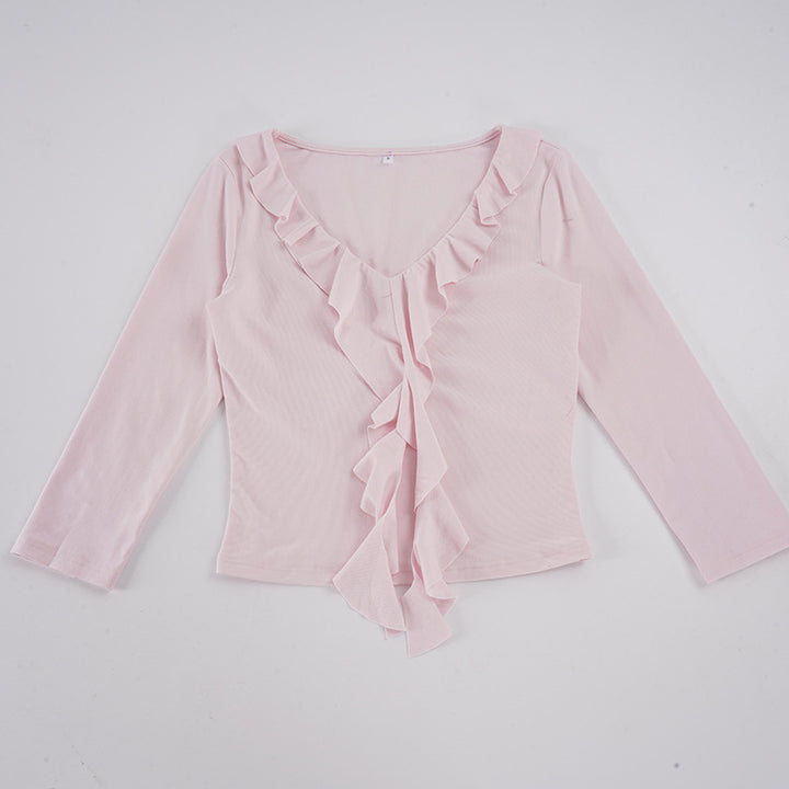 Damen nan tailliertes Langarmshirt mit tiefem V-Ausschnitt und eingesetzter Volant-Rüsche Drune