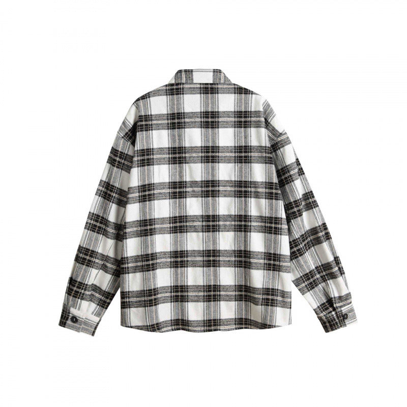 Unisex Boxy-Overshirt aus gebürsteter Baumwollmischung mit Karomuster und kontrastierenden Zopfpaneelen Drune