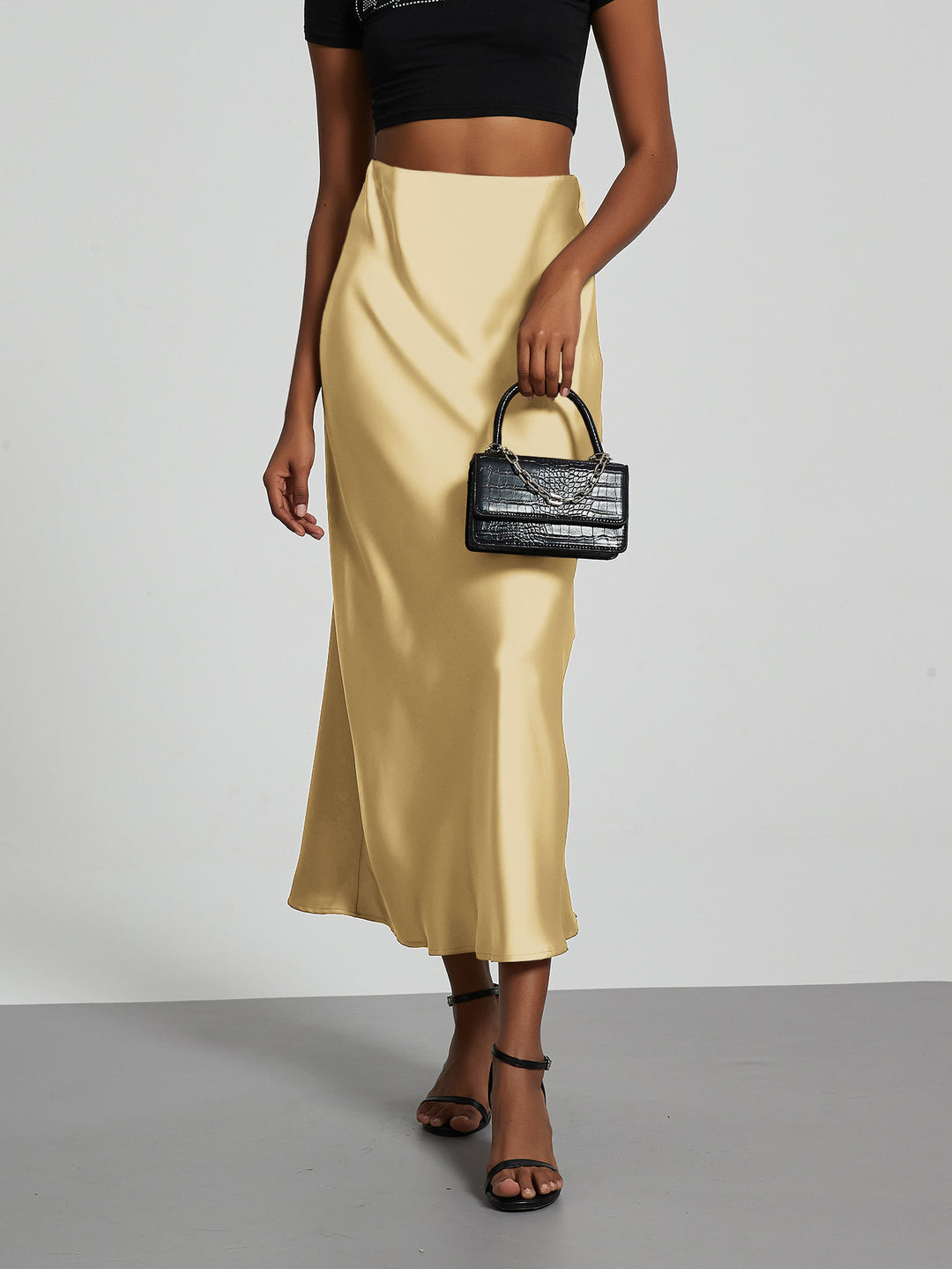 Damen-Satinrock mit hoher Taille und Midi-Länge