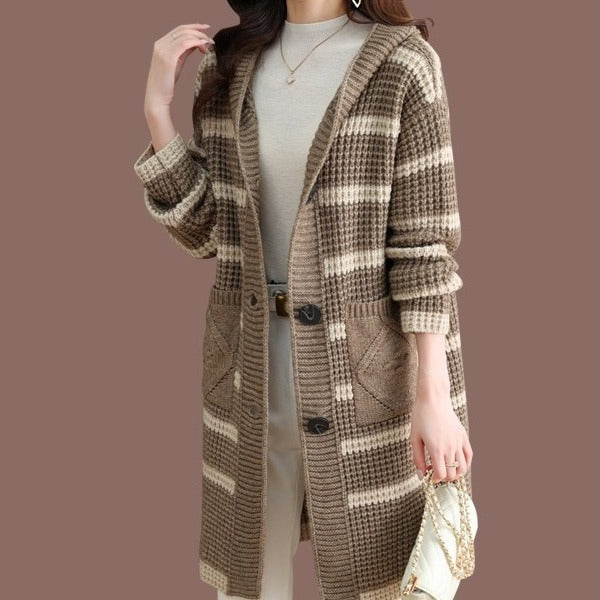 Damen lange Strickjacke mit Kapuze und gestreiftem Muster Drune