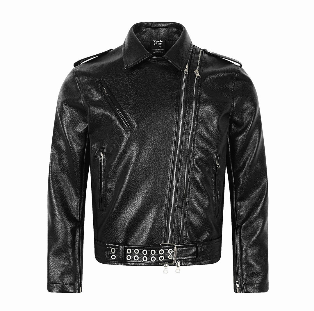 Herren Asymmetrische Bikerjacke aus Kunstleder mit Nietenbund und mehrfachen Reißverschlüssen Drune