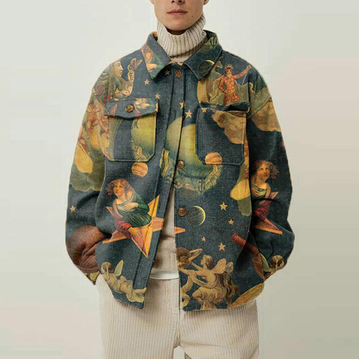 Damen Oversized Wolloptik-Überhemd mit asymmetrischem Vogelprint und Pattentasche Drune