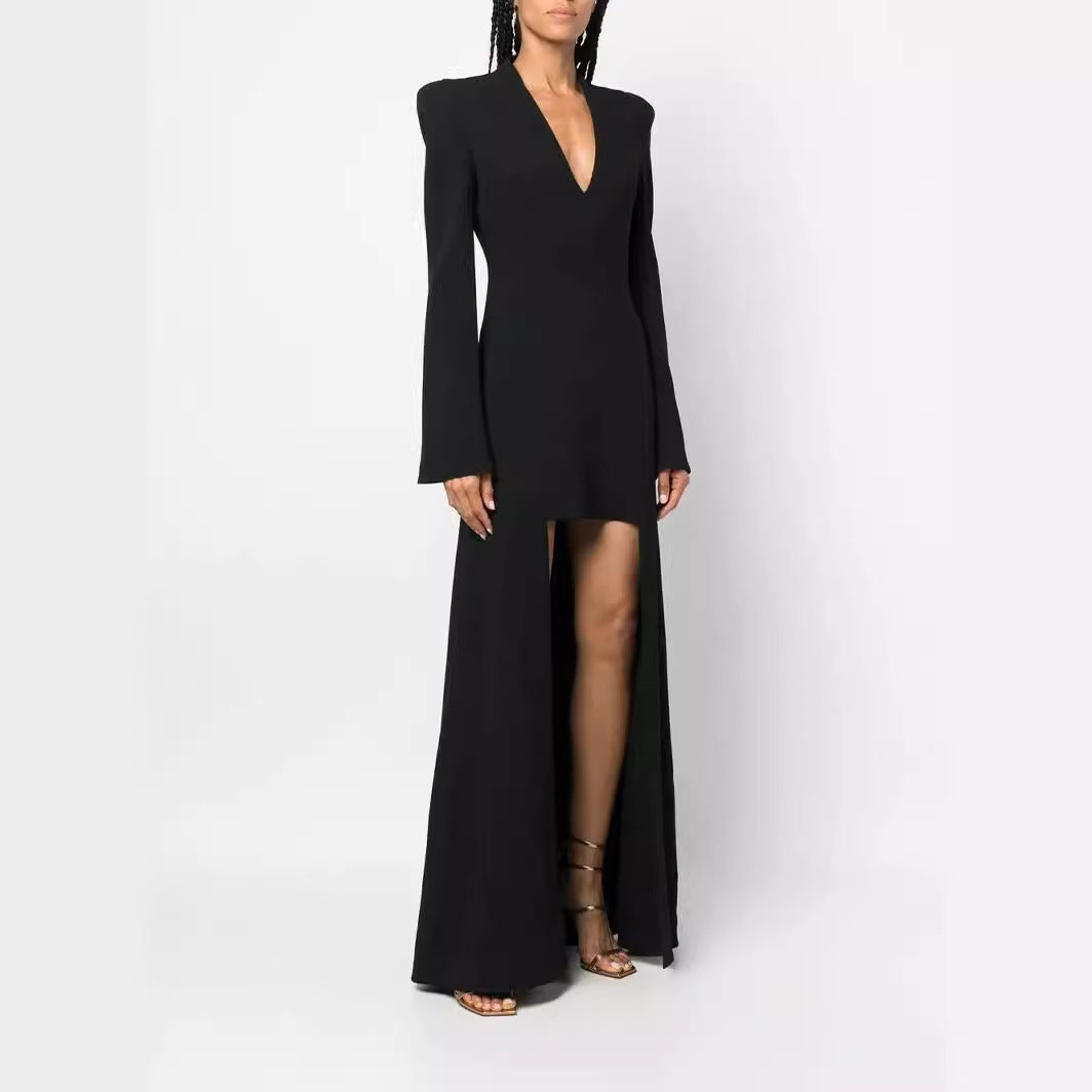 Damen Maxikleid im Blazerstil mit markanten Schulterpolstern, taillierter Silhouette und hohem Beinschlitz Drune