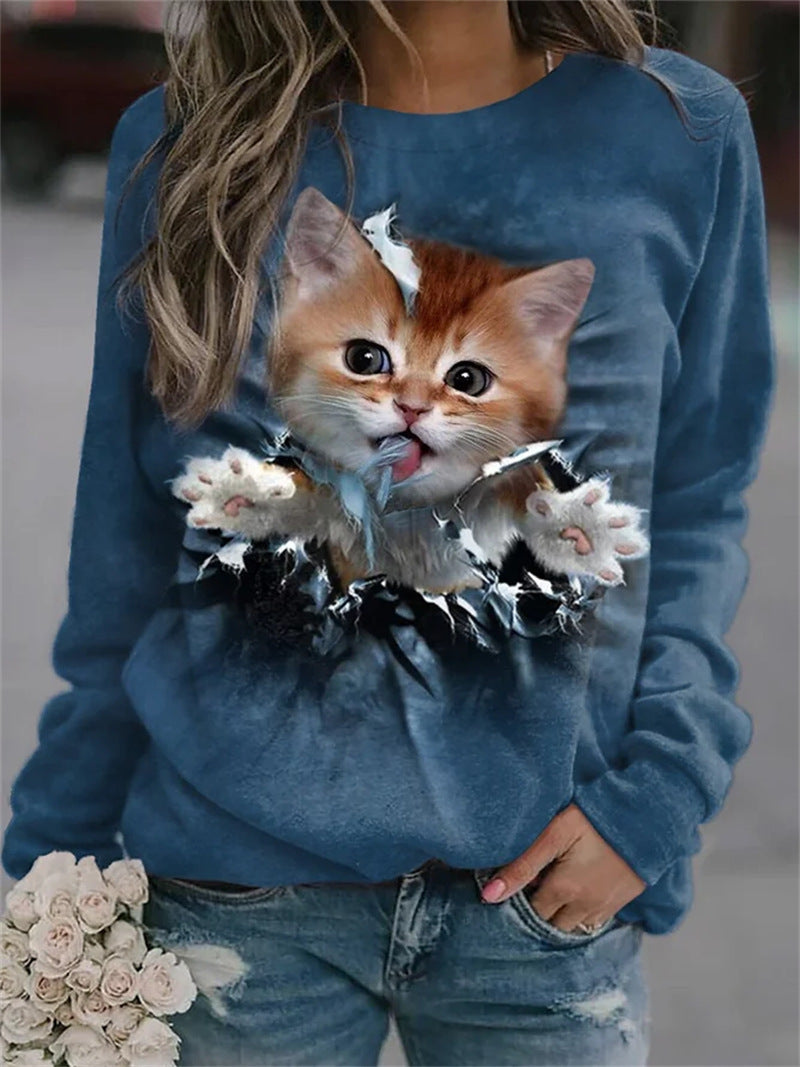 Damen Gemütlicher Übergroßer Fleece-Pullover mit Großem Welpenfoto-Print Drune