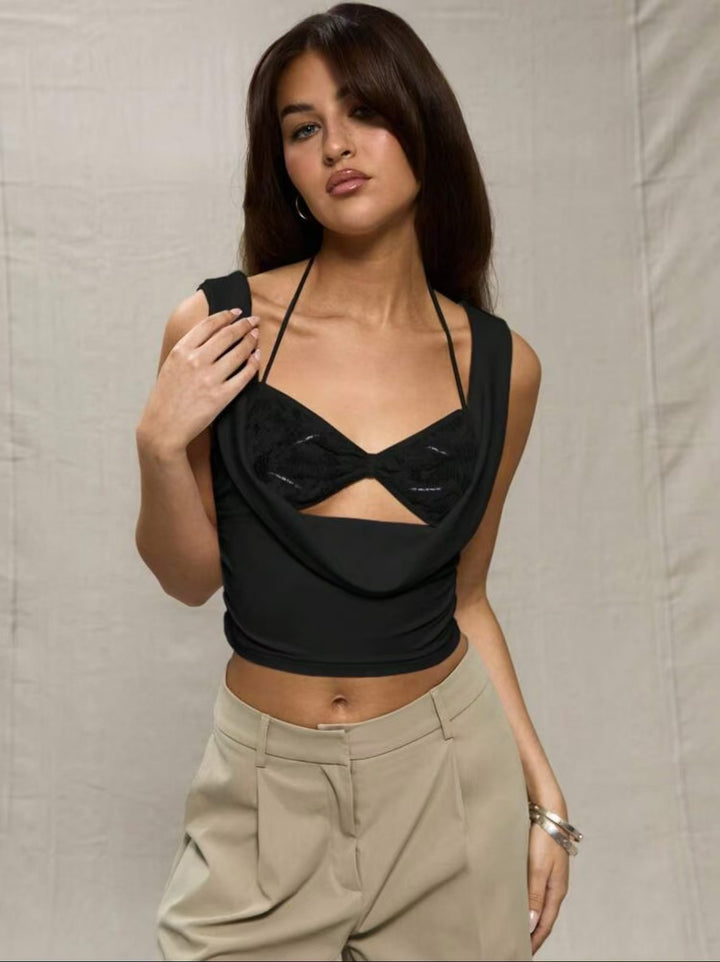 Damen Crop-Top mit verführerischen Cut-Outs und zartem Spitzeneinsatz Drune