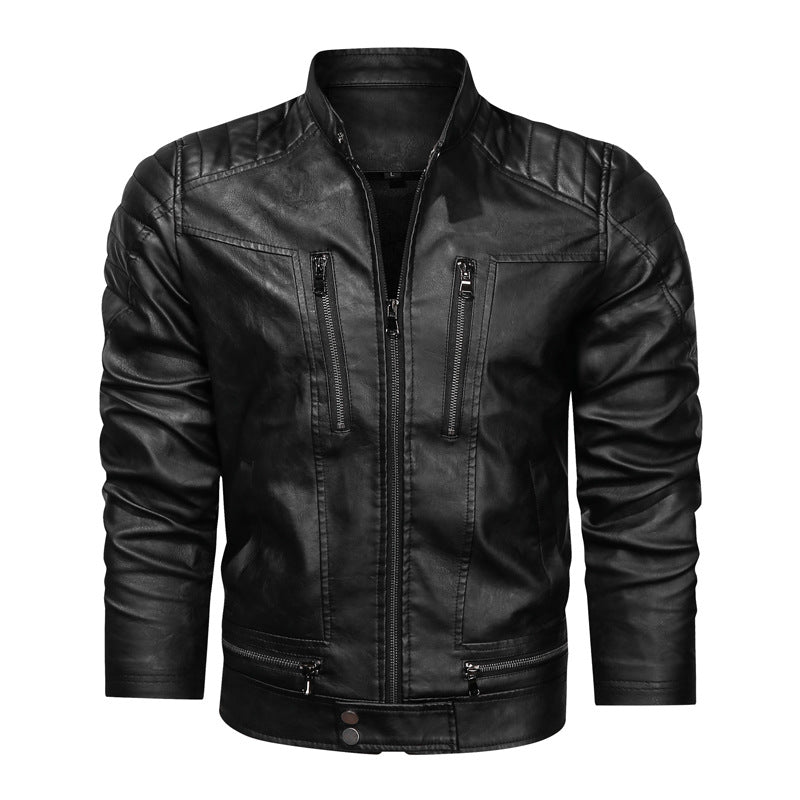 Herren Motorrad-inspirierte Lederoptikjacke mit Stehkragen und Ziernähten Drune
