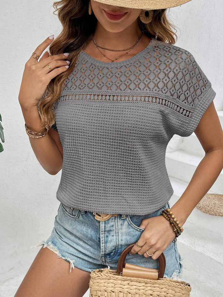 Damen Kurzärmliges Spitzencrochet-Top mit strukturierter Waffelstrick-Front Drune