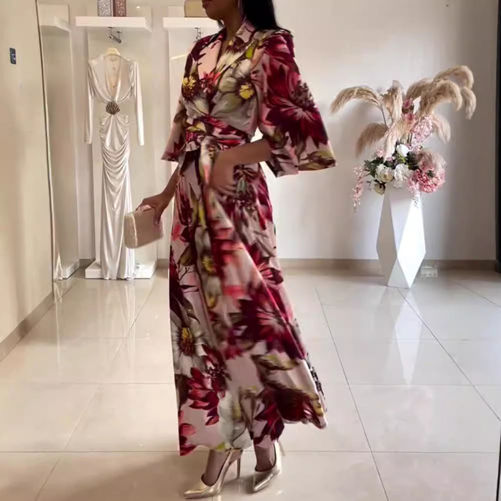 Damen nan Maxikleid mit Reverskragen, Kimonoärmeln und taillierendem Bindegürtel Drune