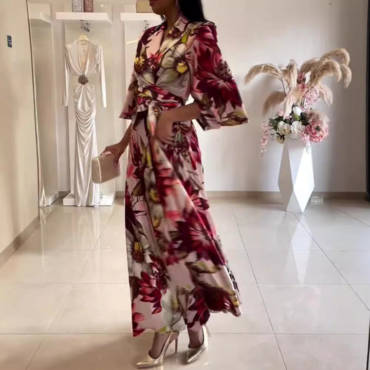 Damen nan Maxikleid mit Reverskragen, Kimonoärmeln und taillierendem Bindegürtel Drune