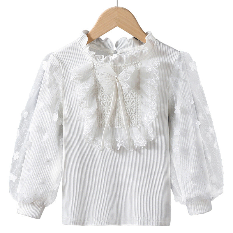 Mädchen Rüschenbluse mit floralen Applikationen und transparenten Ärmeln Drune