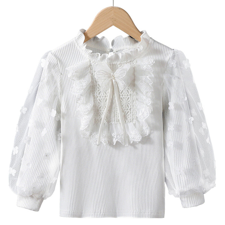 Mädchen Rüschenbluse mit floralen Applikationen und transparenten Ärmeln Drune
