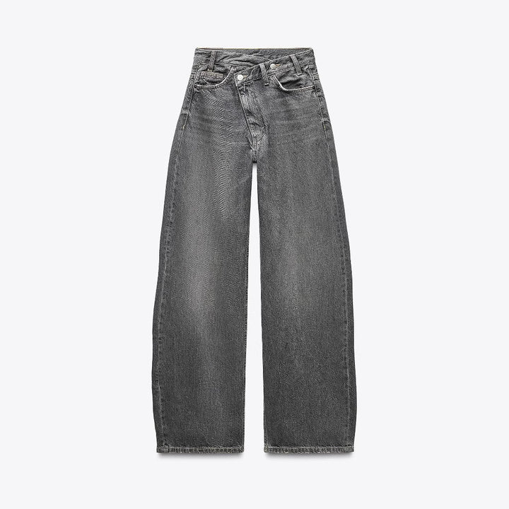 Damen Hochtaillierte weite Denim-Jeans mit asymmetrischem Bund und Culotte-Schnitt Drune