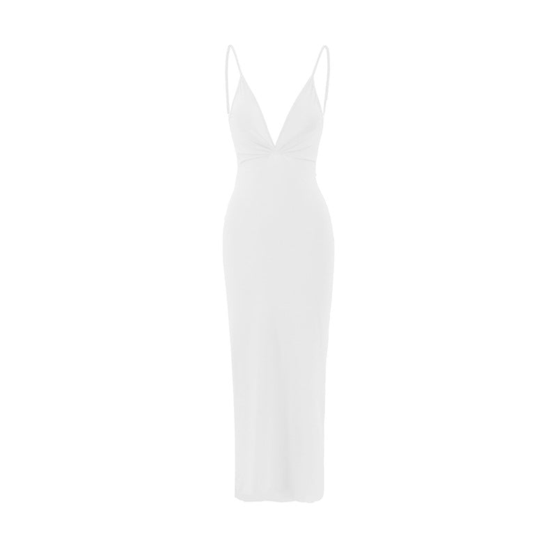 Damen elegantes Maxikleid mit tiefem V-Ausschnitt und zarten Spaghetti-Trägern Drune