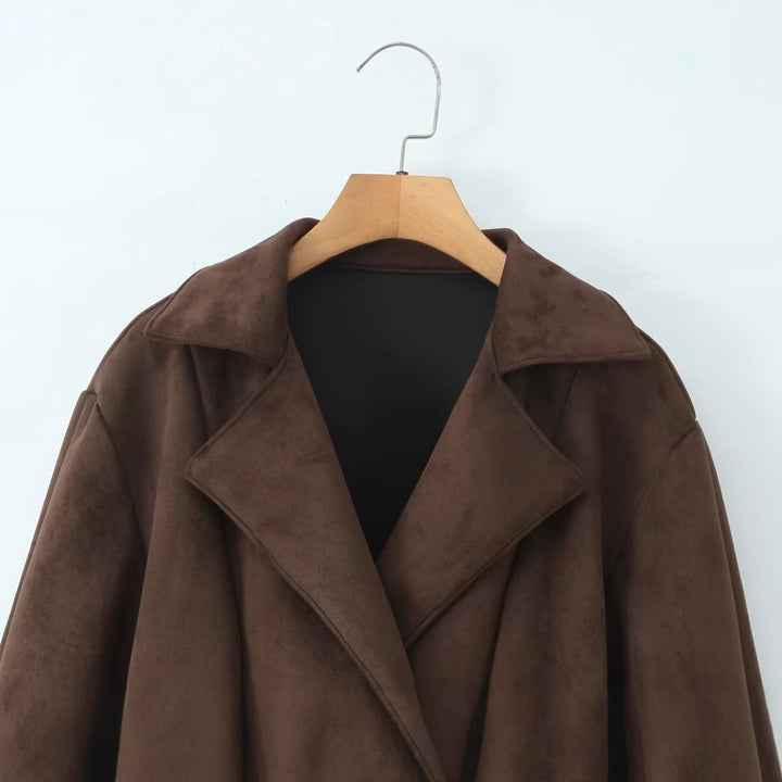 Damen Kurze Wildlederoptik-Jacke mit Taillengürtel und Reverskragen Drune