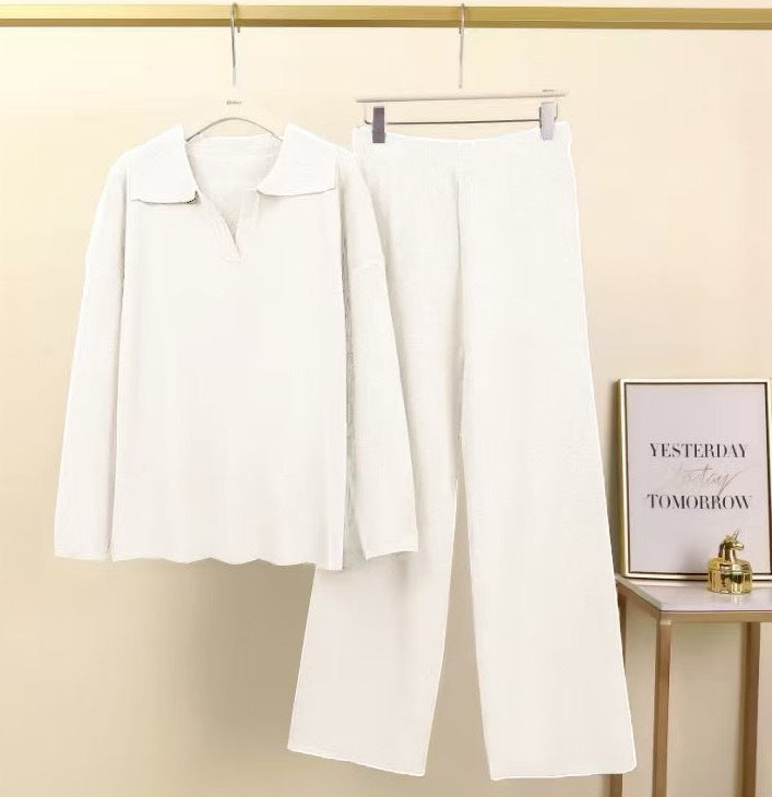 Damen Elegantes Freizeithosen- und Blusen-Set mit Kragen Drune