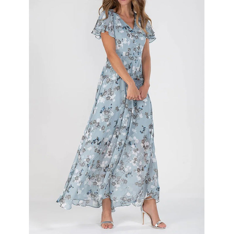 Damen Maxikleid mit floralem Chiffon-Stoff und transparenten Ärmeln Drune