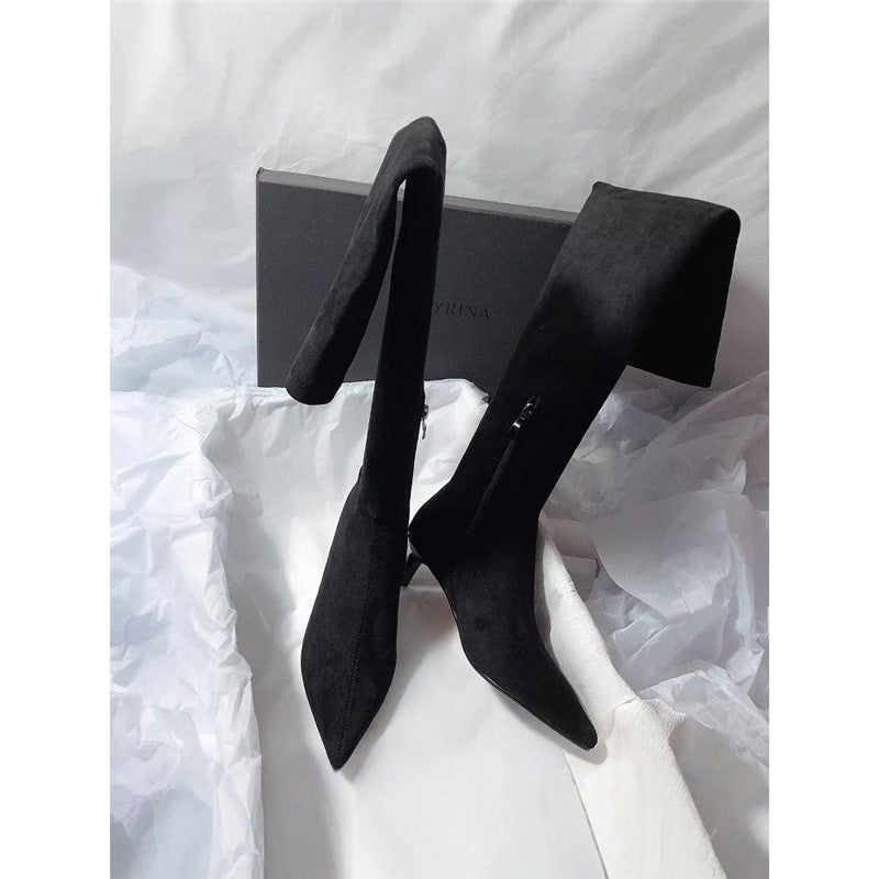 Damen Kniestiefel mit Umschlagschaft, spitzer Zehenform und Kitten‑Absatz Drune
