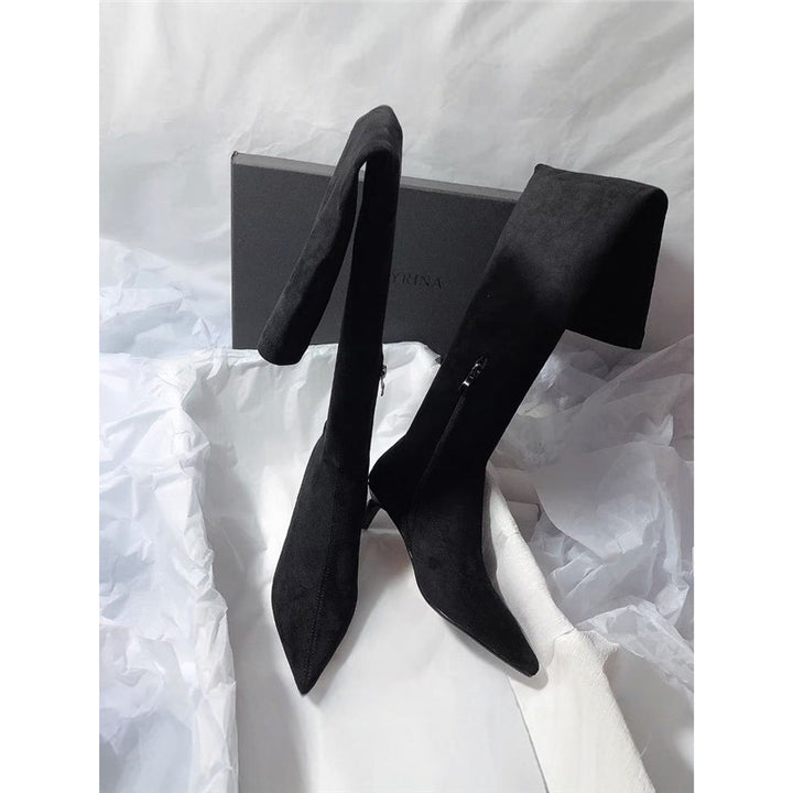 Damen Kniestiefel mit Umschlagschaft, spitzer Zehenform und Kitten‑Absatz Drune