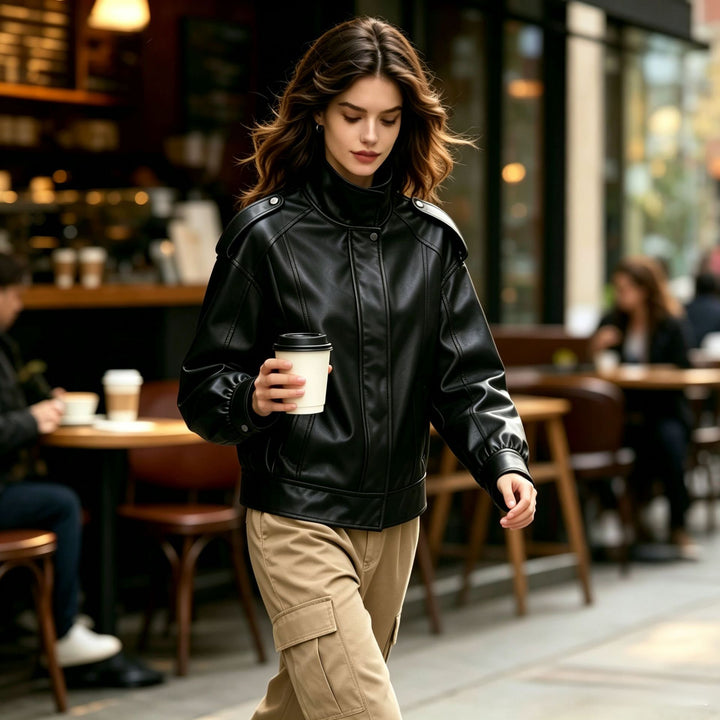Damen Modische Kunstlederjacke mit hoher Kragen Drune