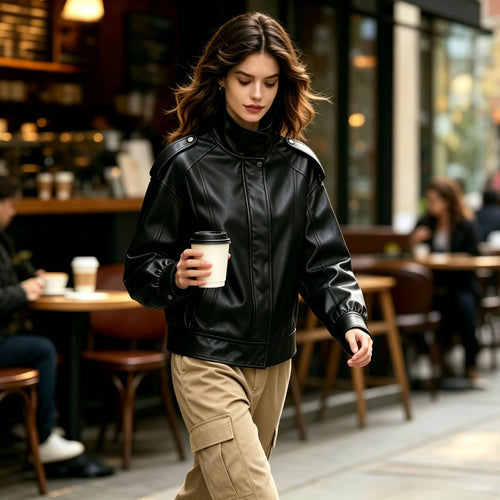 Damen Modische Kunstlederjacke mit hoher Kragen Drune