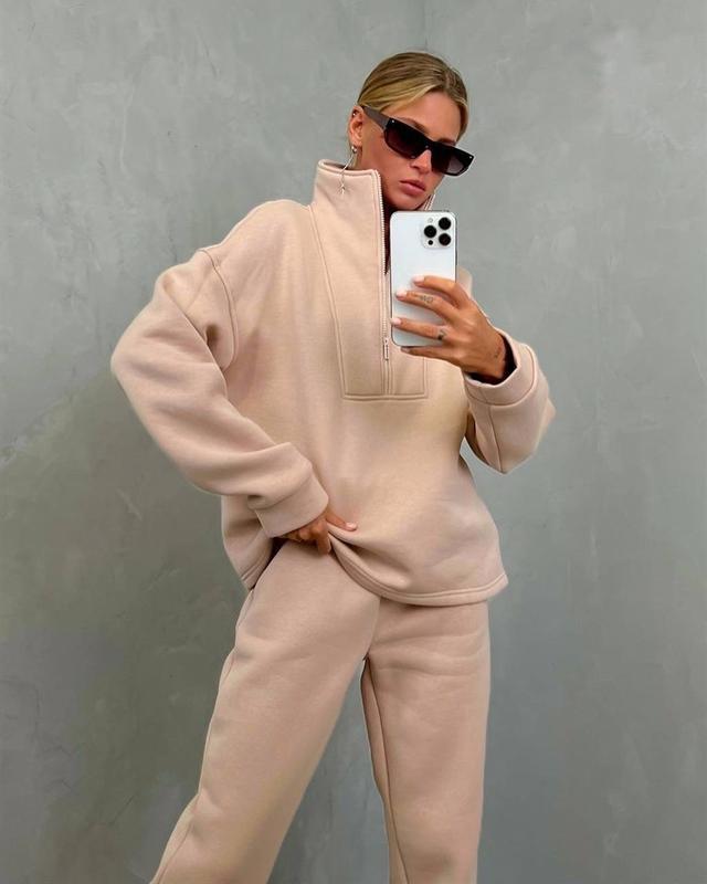 Damen Oversize-Halbzip-Lounge-Set aus schwerem French-Terry mit hohem Stehkragen Drune