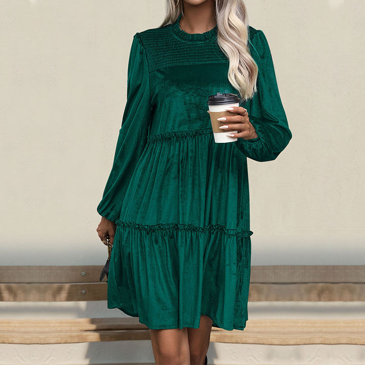 Damen Samtkleid mit Stufenrock, Raffung und Stehkragen Drune
