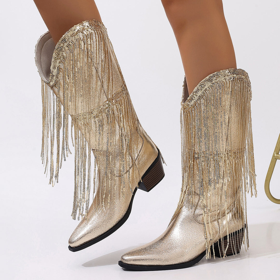 Damen kniehohe Fransen-Cowboystiefel mit feiner Perlenfransen-Verzierung und geformtem Blockabsatz Drune