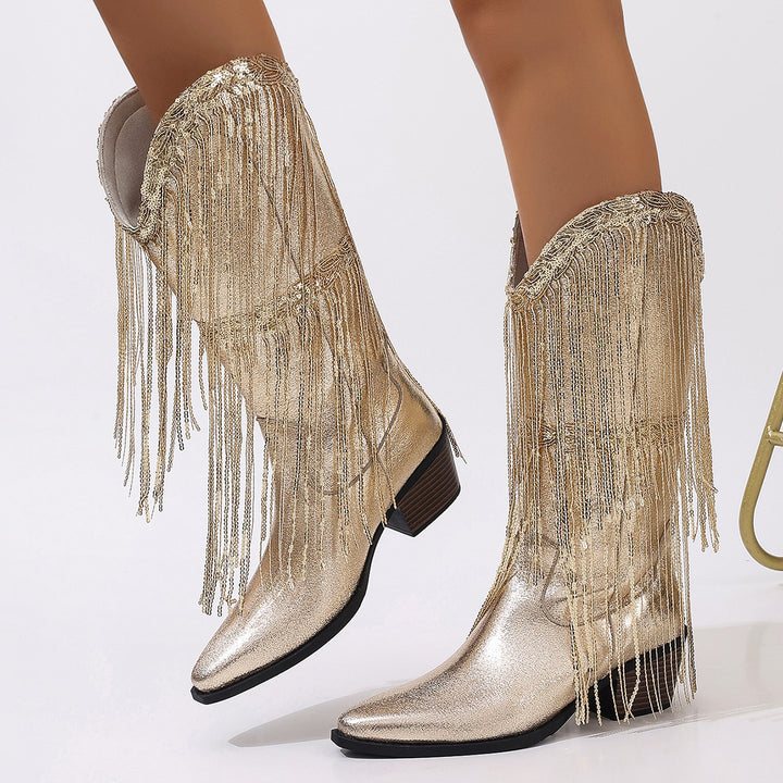 Damen kniehohe Fransen-Cowboystiefel mit feiner Perlenfransen-Verzierung und geformtem Blockabsatz Drune