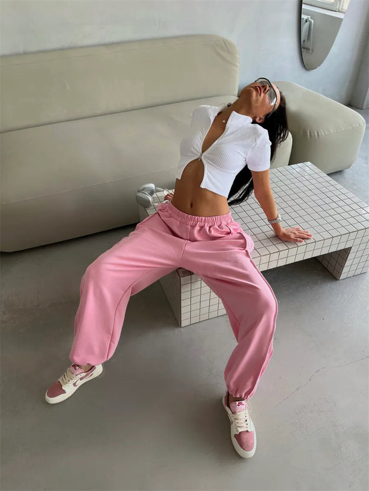 Damen locker sitzende High-Waist Sweatpants mit weitem Bein und elastischem Bund Drune