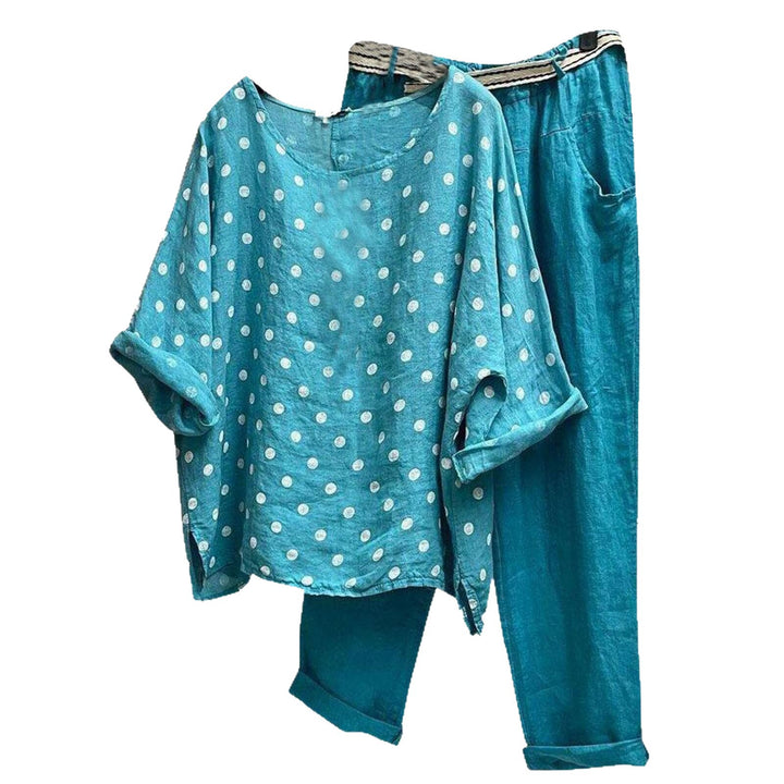 Damen nan Leinen-Loungewear-Set mit gepunkteter Oversize-Tunika und elastischer Bundhose Drune