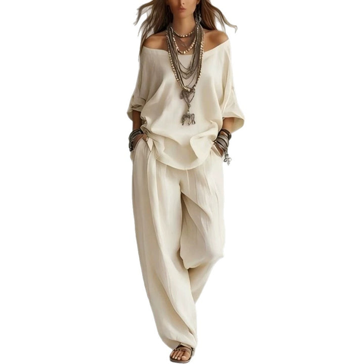 Damen Lässiges Leichtes Lounge-Set mit Carmenausschnitt und Palazzo-Hose Drune